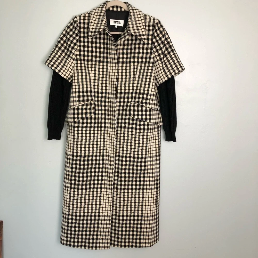 Maison‎ Margiela MM6 Black & Cream Houndstooth Layered Wool Blend Coat Sz. L